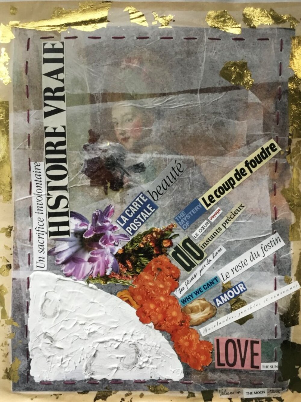 Collage on reproduction mounted on silk and butcher's papers 13 1/2 X 10 1/2inch